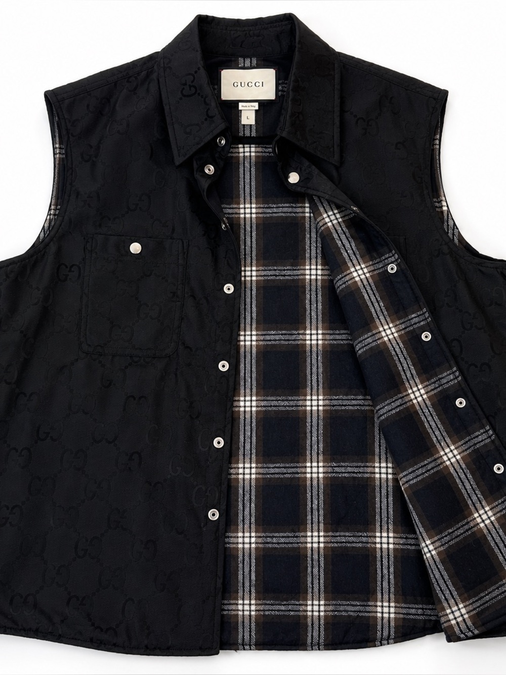 Gucci Black GG Jacquard Vest with Plaid Interior